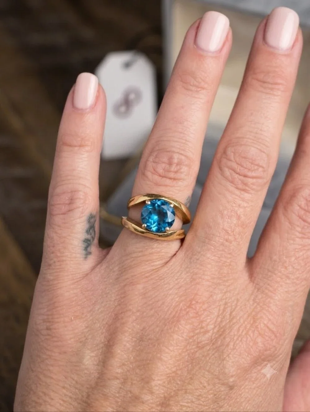 🌙Vintage 14k Blue Topaz Modernist Ring Sz 7 In Box